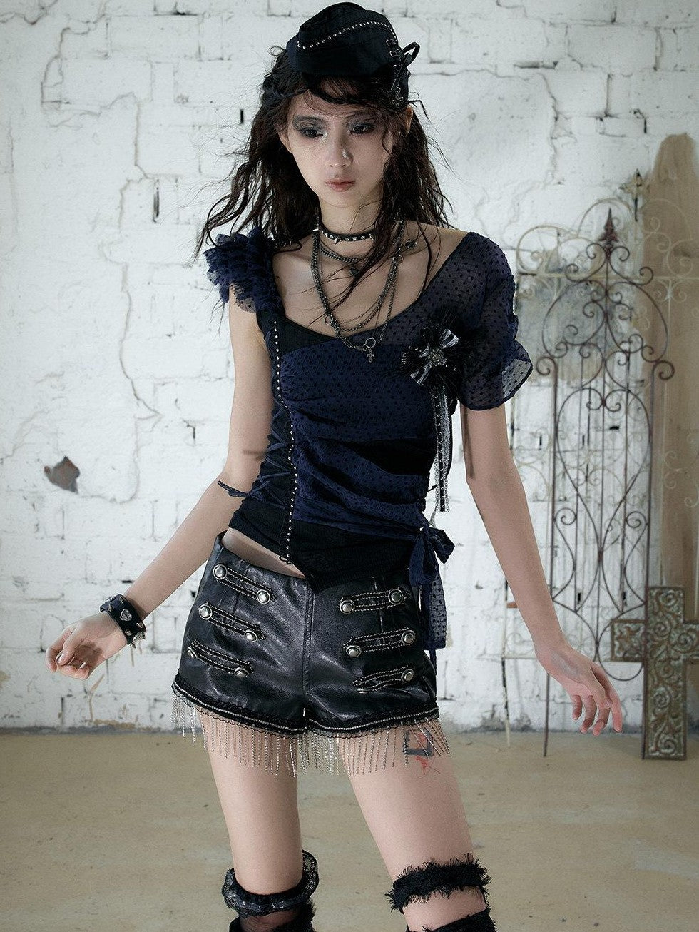 NO ROMANCE Y2k Asymmetric Tie Low Neck Slim Polka Women&