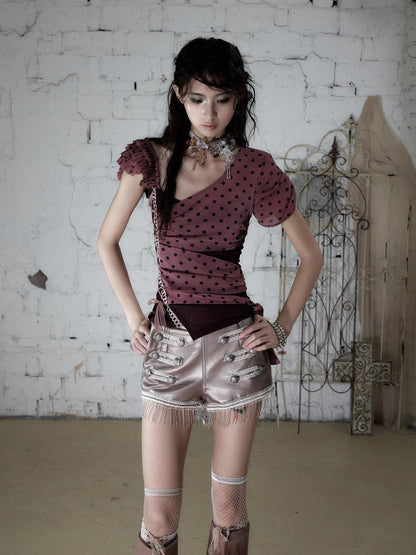 NO ROMANCE Y2k Asymmetric Tie Low Neck Slim Polka Women&