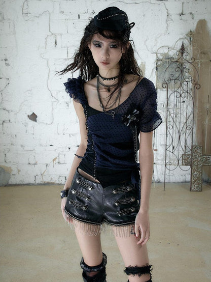 NO ROMANCE Y2k Asymmetric Tie Low Neck Slim Polka Women&