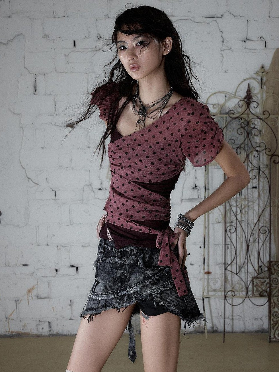 NO ROMANCE Y2k Asymmetric Tie Low Neck Slim Polka Women&