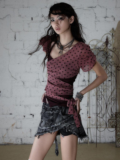 NO ROMANCE Y2k Asymmetric Tie Low Neck Slim Polka Women&