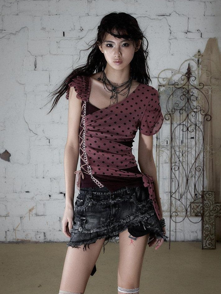NO ROMANCE Y2k Asymmetric Tie Low Neck Slim Polka Women&