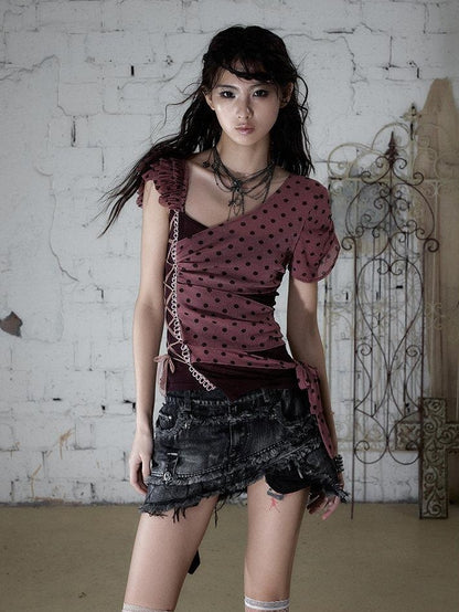 NO ROMANCE Y2k Asymmetric Tie Low Neck Slim Polka Women&