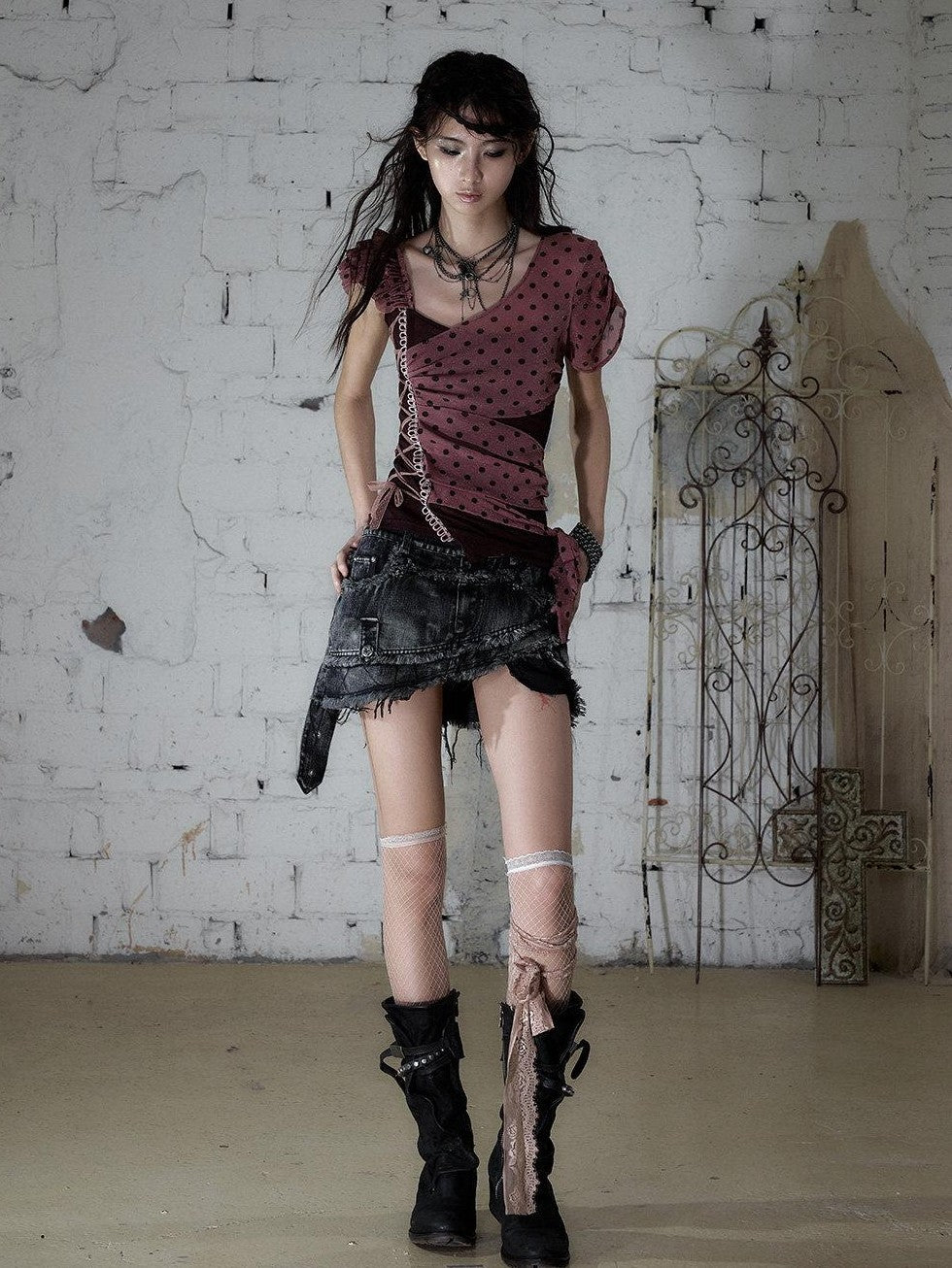 NO ROMANCE Y2k Asymmetric Tie Low Neck Slim Polka Women&