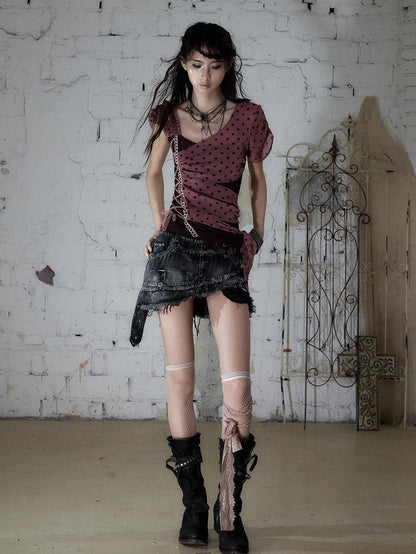 NO ROMANCE Y2k Asymmetric Tie Low Neck Slim Polka Women&