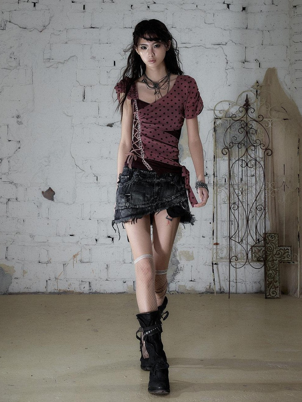 NO ROMANCE Y2k Asymmetric Tie Low Neck Slim Polka Women&