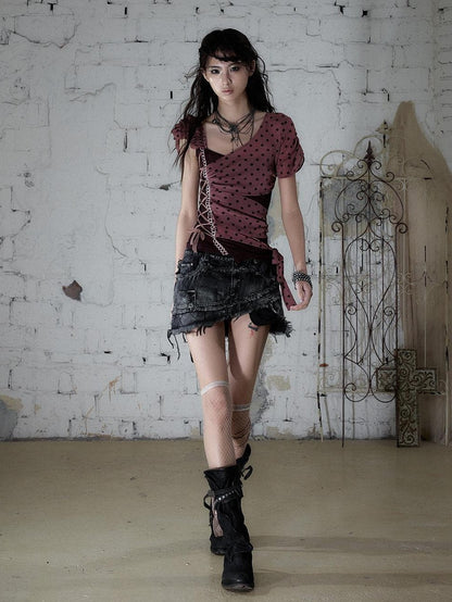 NO ROMANCE Y2k Asymmetric Tie Low Neck Slim Polka Women&
