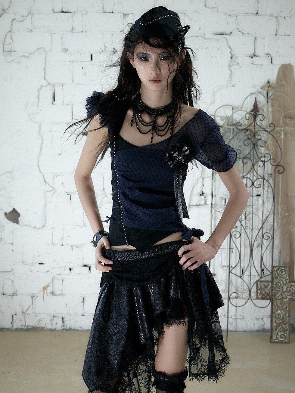 NO ROMANCE Y2k Asymmetric Tie Low Neck Slim Polka Women&
