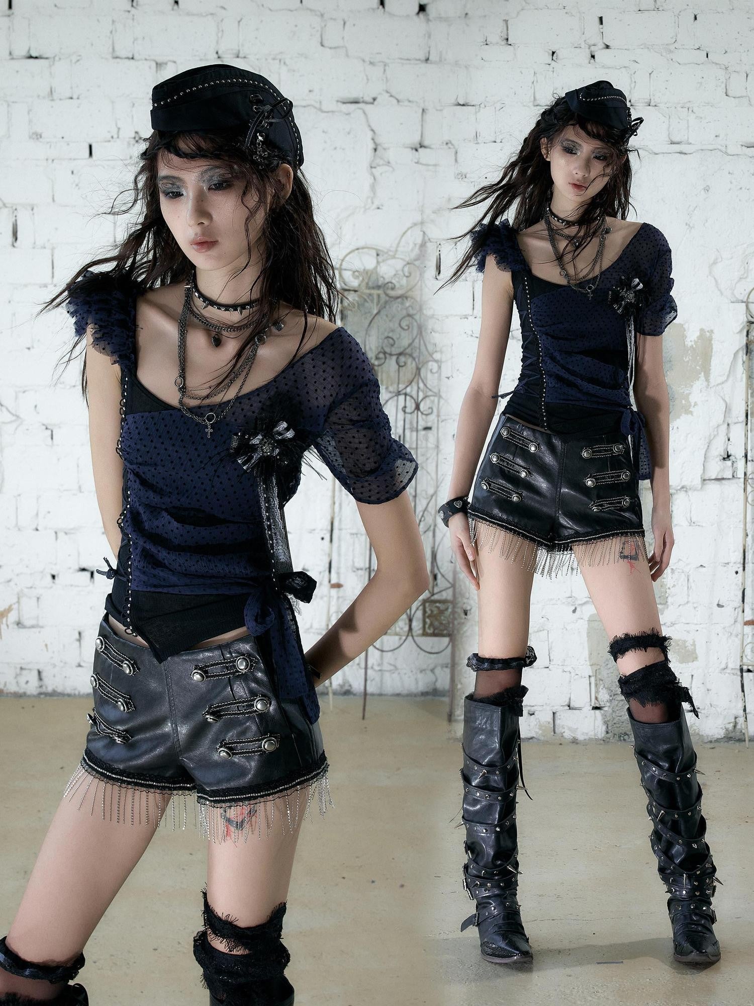 NO ROMANCE Y2k Asymmetric Tie Low Neck Slim Polka Women&
