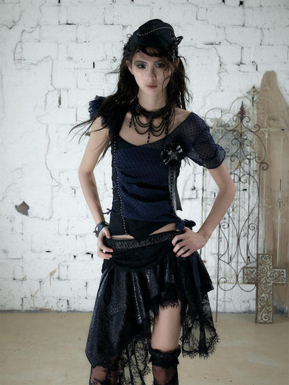 NO ROMANCE Y2k Asymmetric Tie Low Neck Slim Polka Women&