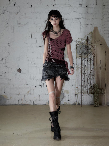 NO ROMANCE Y2k Asymmetric Tie Low Neck Slim Polka Women&