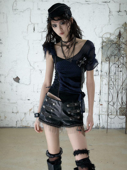 NO ROMANCE Y2k Asymmetric Tie Low Neck Slim Polka Women&