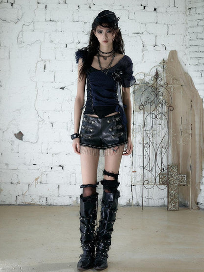 NO ROMANCE Y2k Asymmetric Tie Low Neck Slim Polka Women&