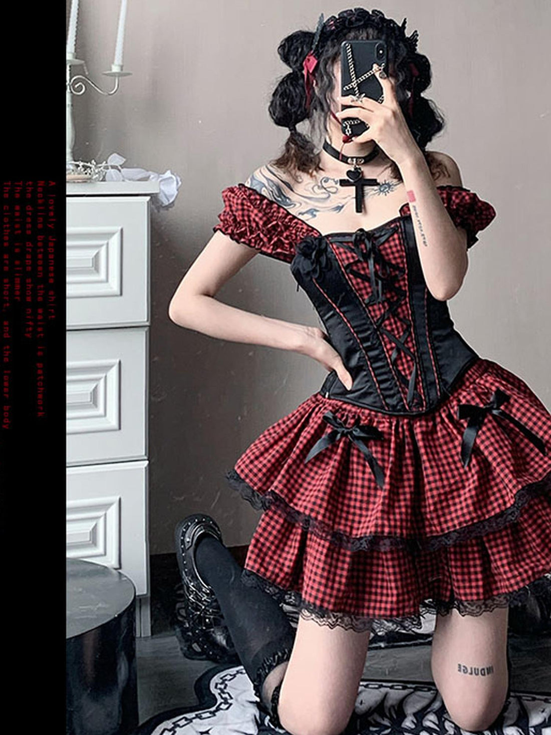 WSW WUSHENWU Nana Checkered Dress Set Black White Red Corset Top Slim Fit Look
