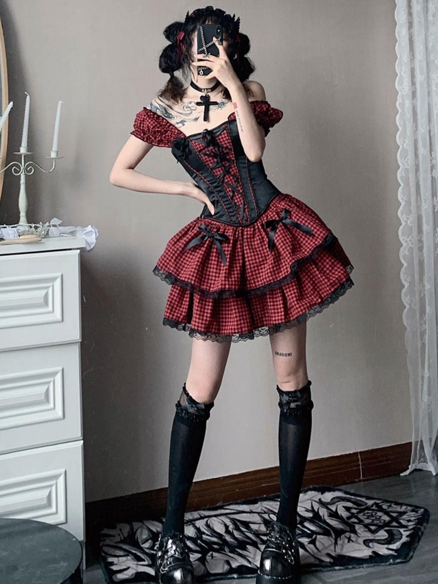 WSW WUSHENWU Nana Checkered Dress Set Black White Red Corset Top Slim Fit Look