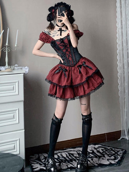 WSW WUSHENWU Nana Checkered Dress Set Black White Red Corset Top Slim Fit Look