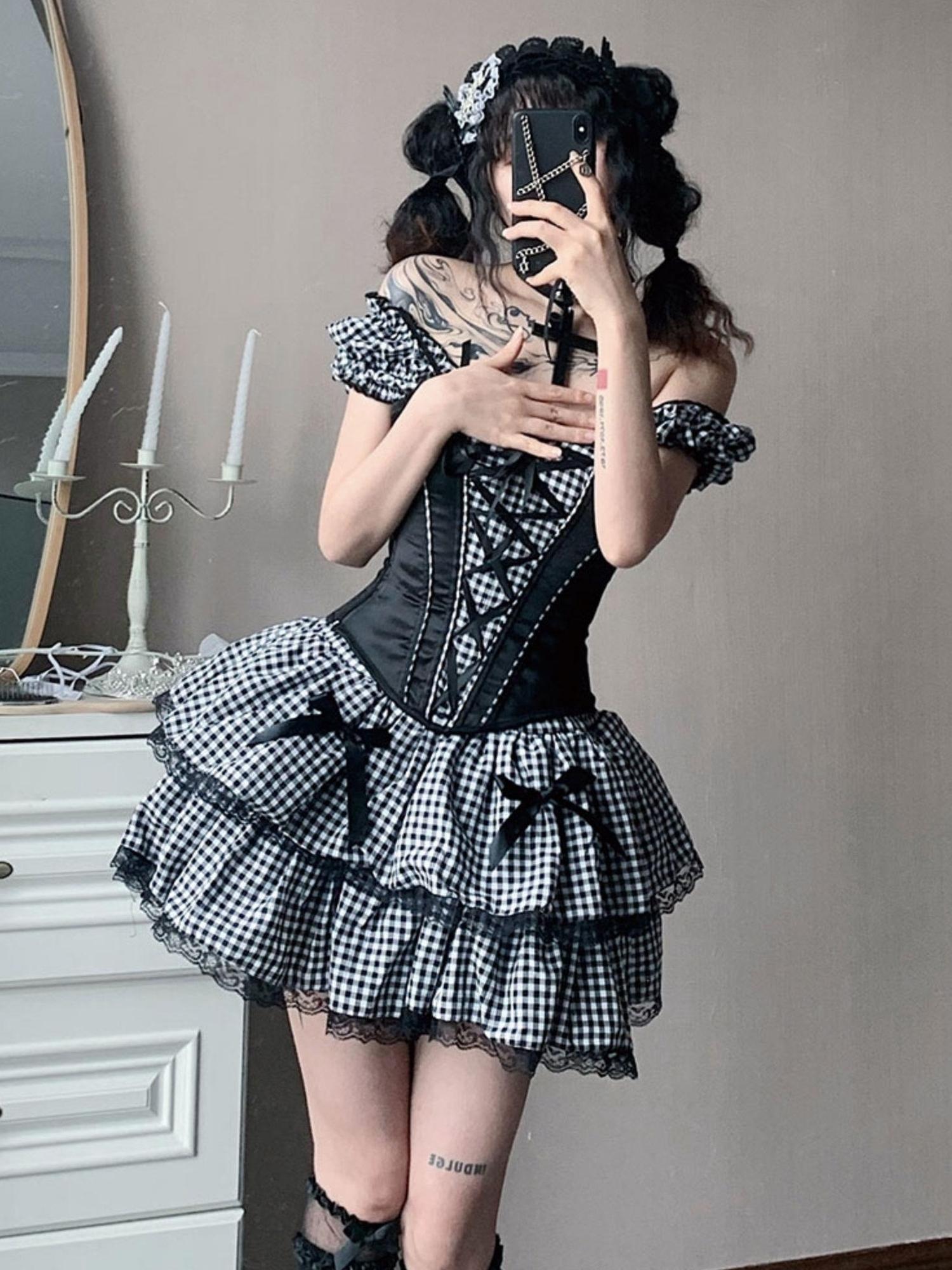 WSW WUSHENWU Nana Checkered Dress Set Black White Red Corset Top Slim Fit Look