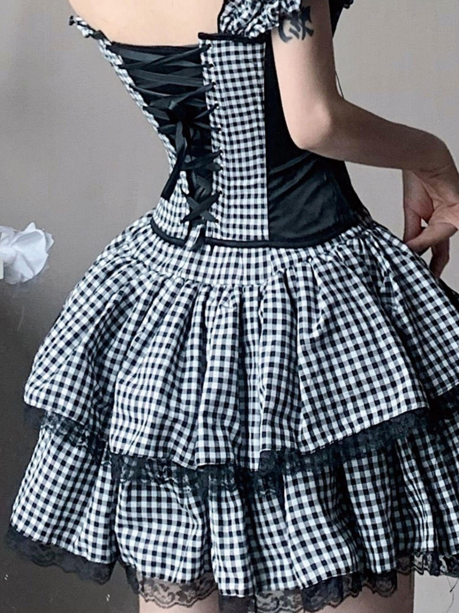 WSW WUSHENWU Nana Checkered Dress Set Black White Red Corset Top Slim Fit Look