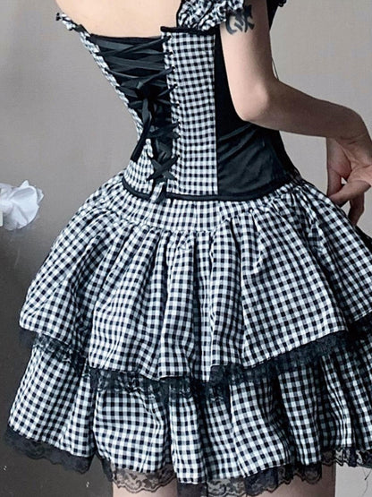 WSW WUSHENWU Nana Checkered Dress Set Black White Red Corset Top Slim Fit Look