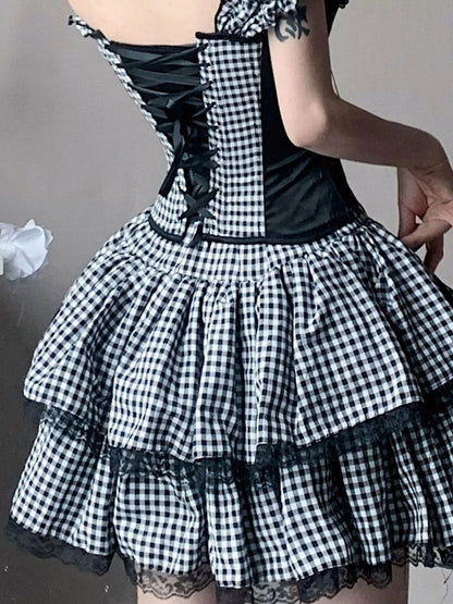 Nana Checkered Dress Set Black White Red Corset Top Slim Fit Look
