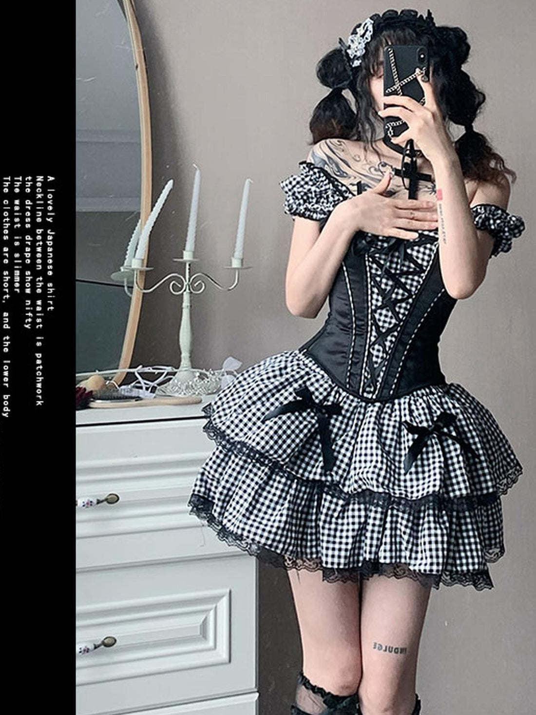 WSW WUSHENWU Nana Checkered Dress Set Black White Red Corset Top Slim Fit Look
