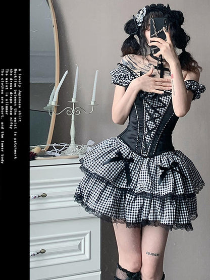 WSW WUSHENWU Nana Checkered Dress Set Black White Red Corset Top Slim Fit Look