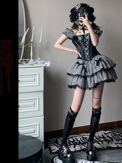 WSW WUSHENWU Nana Checkered Dress Set Black White Red Corset Top Slim Fit Look
