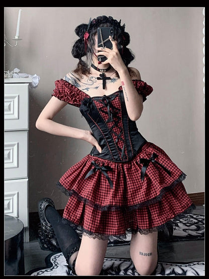 WSW WUSHENWU Nana Checkered Dress Set Black White Red Corset Top Slim Fit Look