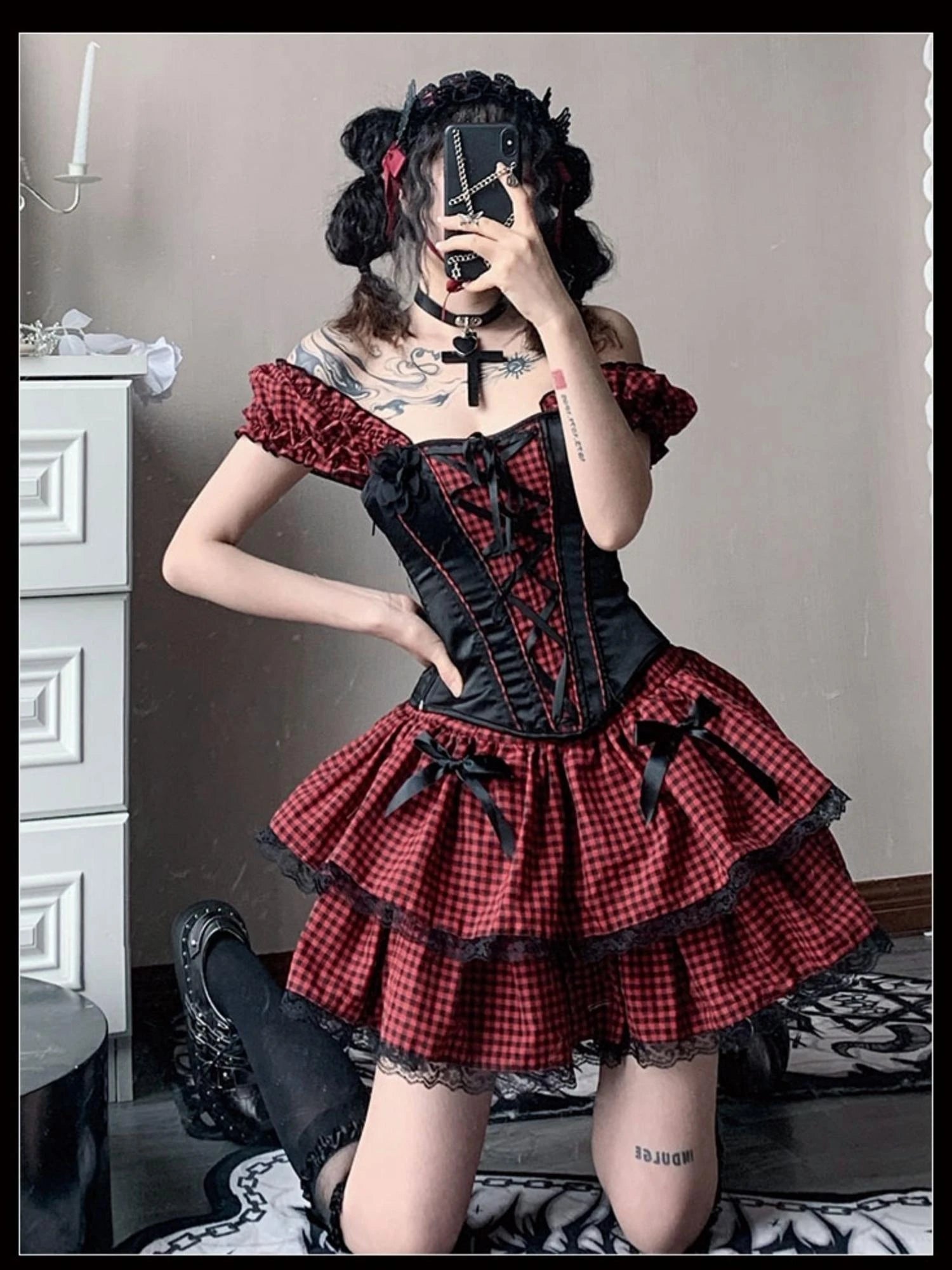 Nana Checkered Dress Set Black White Red Corset Top Slim Fit Look