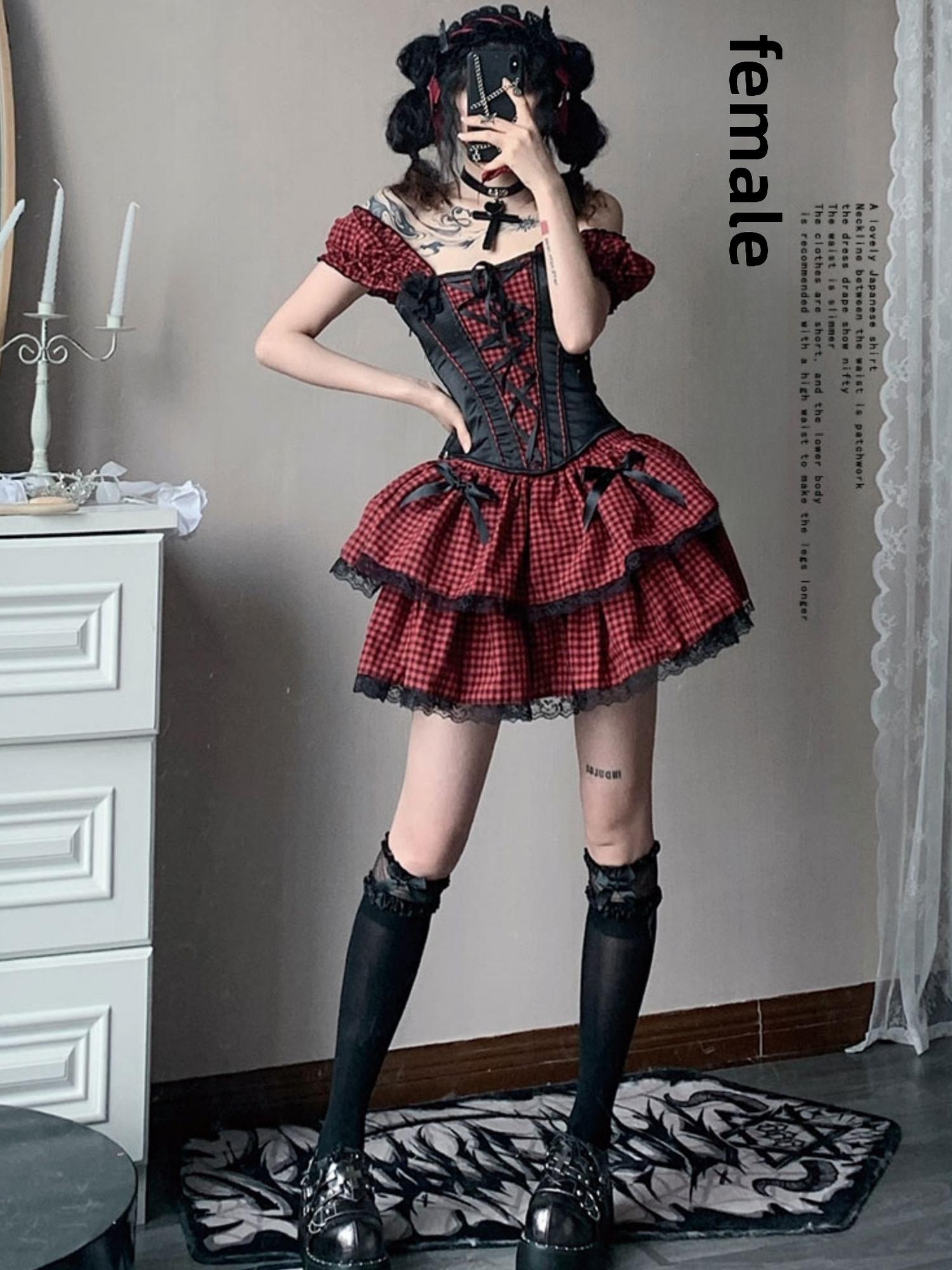 WSW WUSHENWU Nana Checkered Dress Set Black White Red Corset Top Slim Fit Look