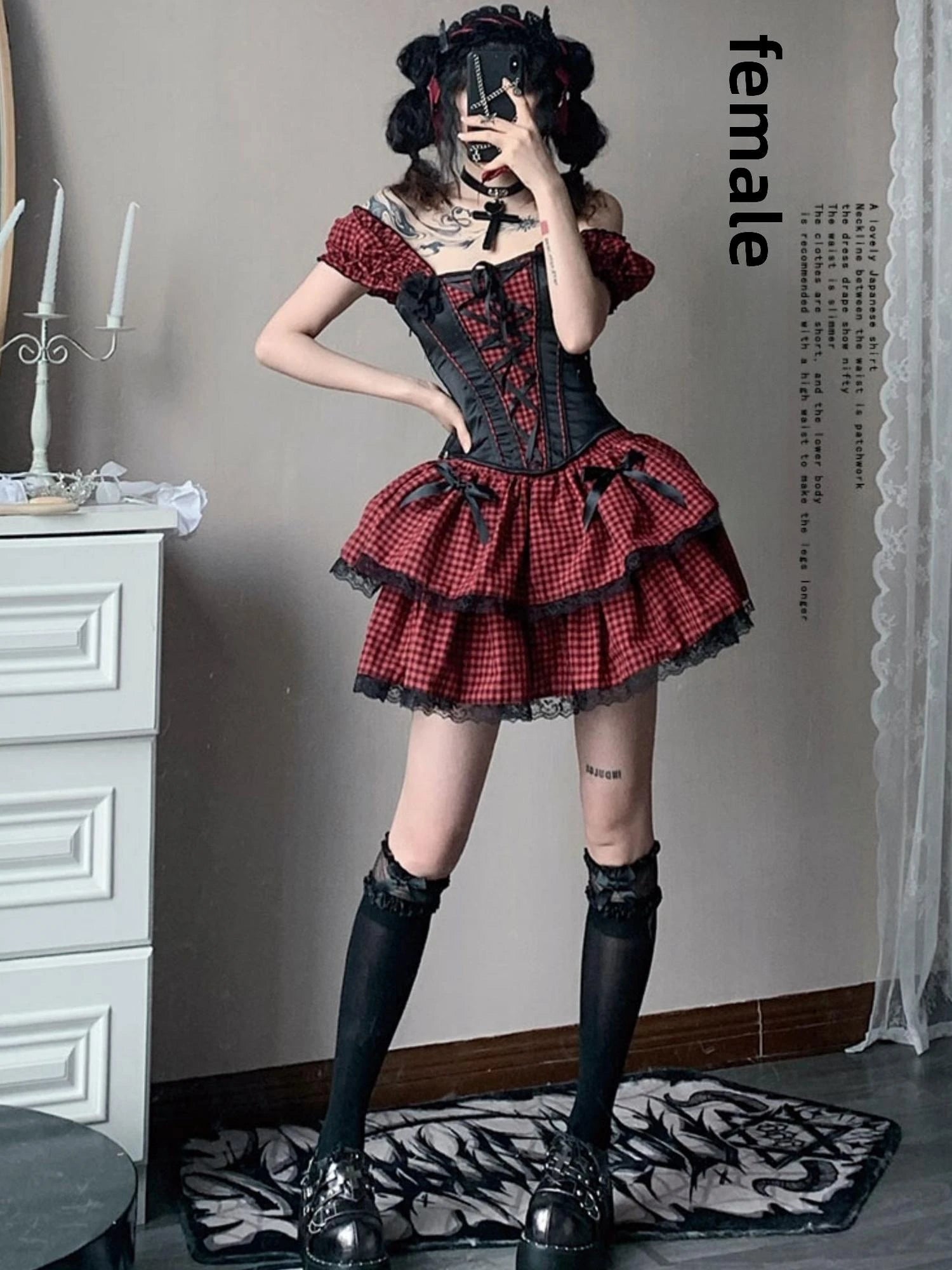 Nana Checkered Dress Set Black White Red Corset Top Slim Fit Look