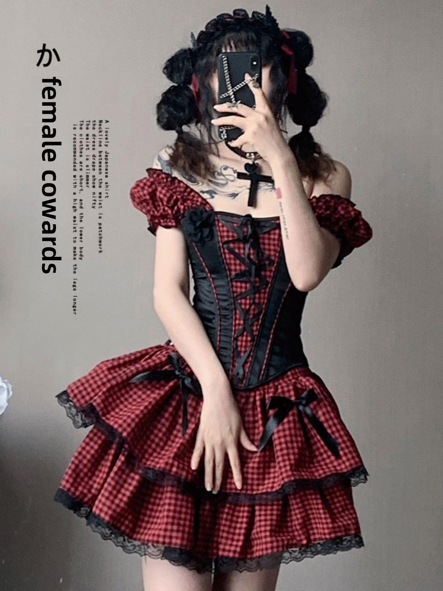 WSW WUSHENWU Nana Checkered Dress Set Black White Red Corset Top Slim Fit Look