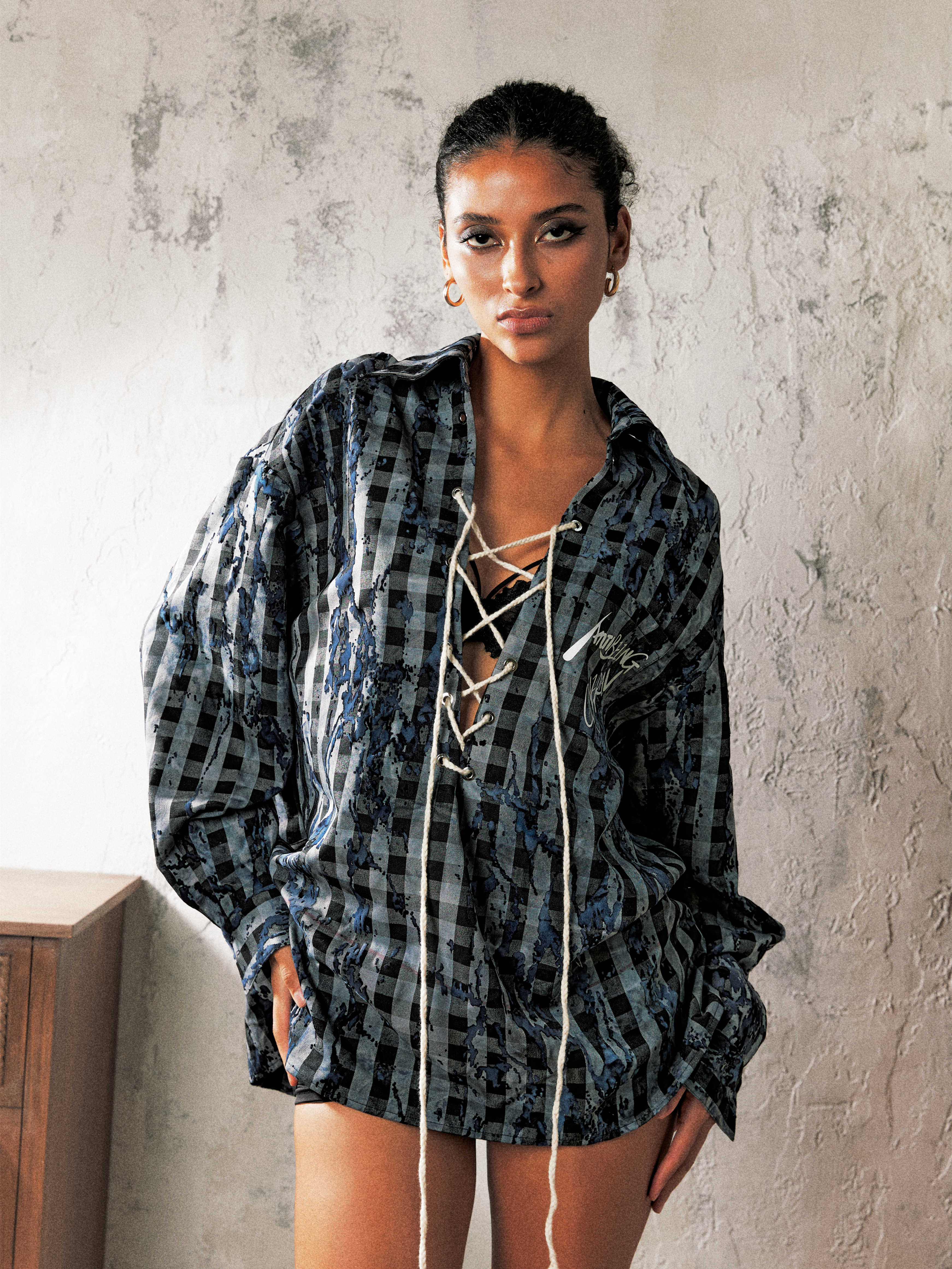 Update Anti Being General Drawstring Neckline Striped Oversized Shirt