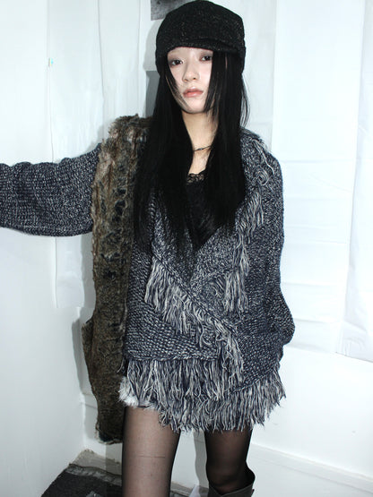 Updateang project Lightweight Tassel Cross Lapel Color Block Knit Cardigan