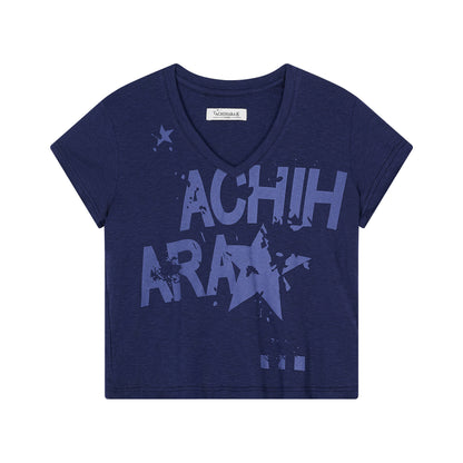 Achihara V-Neck Frayed Hem Cotton Tee With Melted Fruit Print