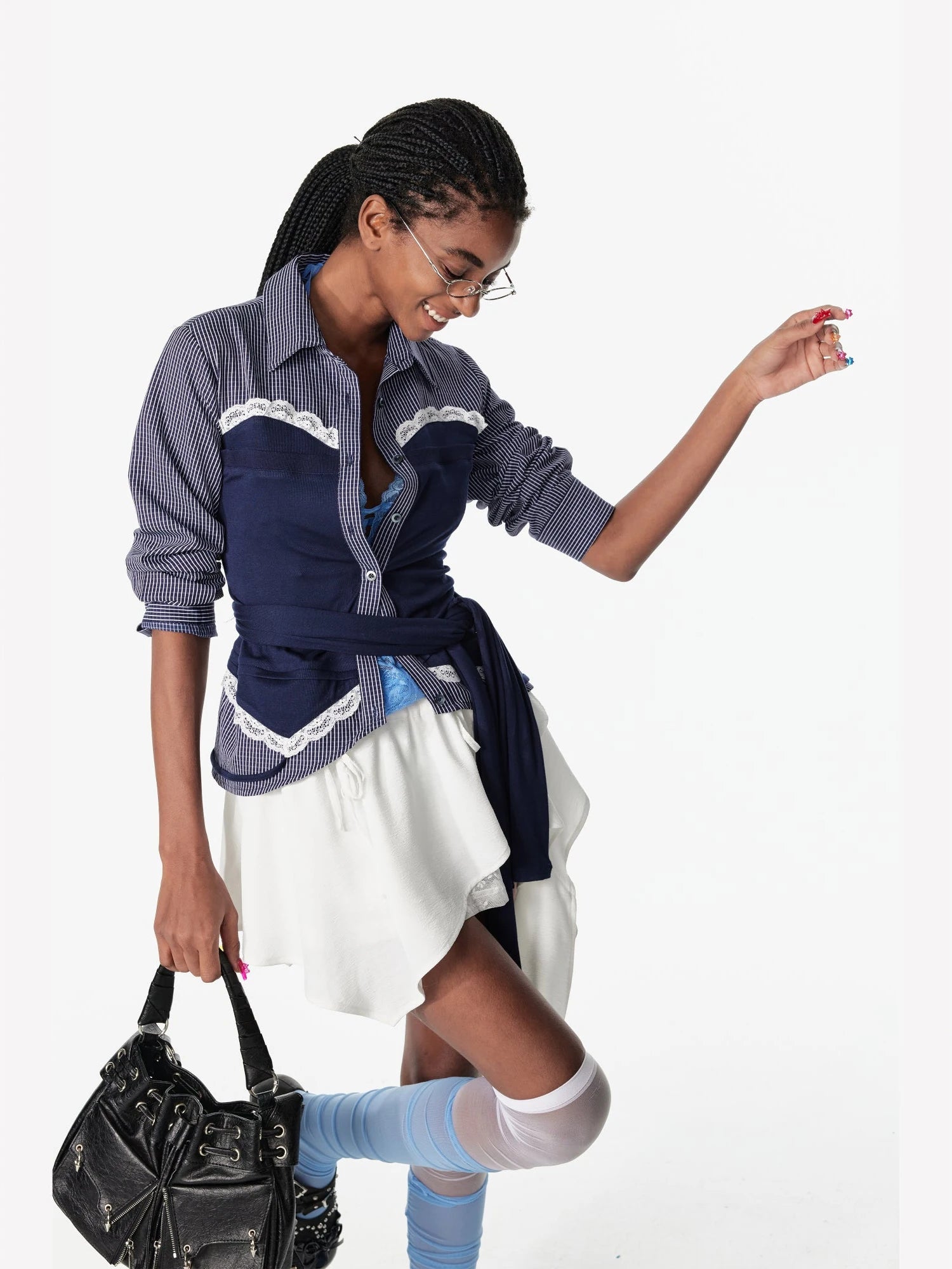 Vintage Lace Plaid Striped Knit Tie Up Long Sleeve Shirt