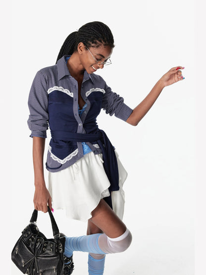 Vintage Lace Plaid Striped Knit Tie Up Long Sleeve Shirt