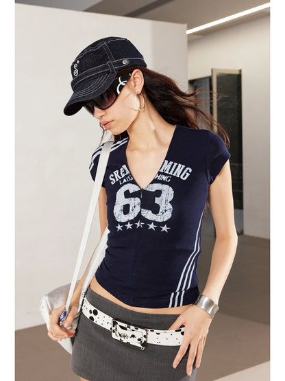 Vintage Distressed Number Print Fitted V-Neck T-Shirt