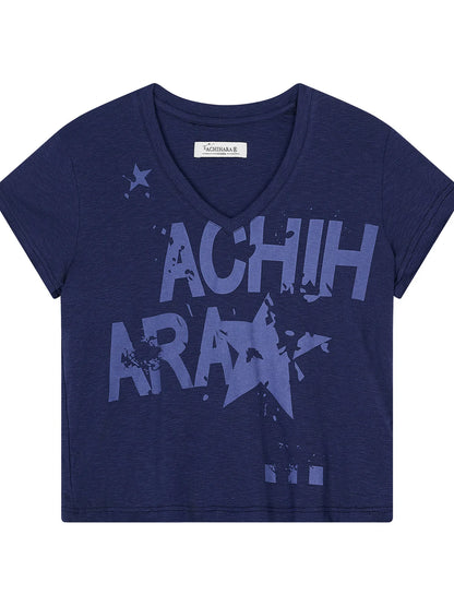 V-Neck Frayed Hem Cotton Tee With Melted Fruit Print