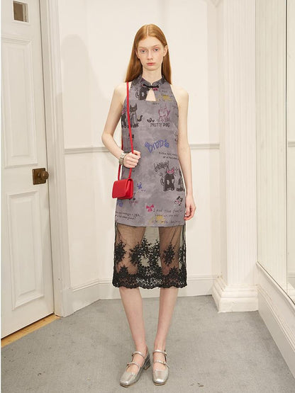 DIDDI MODA New Chinese Ink Doodle Lace Panel Qipao Dress