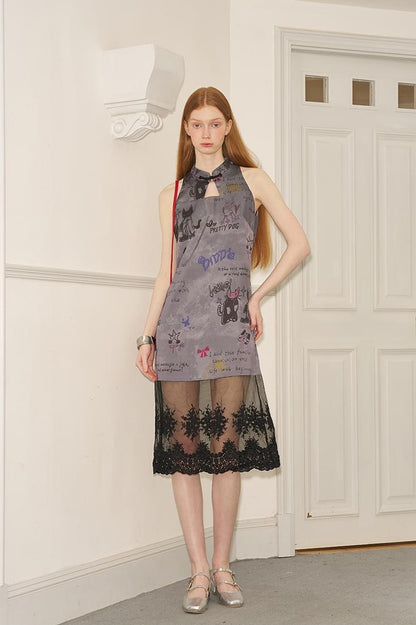 DIDDI MODA New Chinese Ink Doodle Lace Panel Qipao Dress