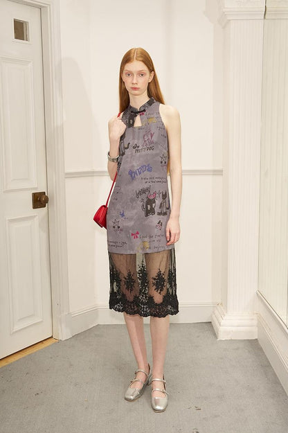 DIDDI MODA New Chinese Ink Doodle Lace Panel Qipao Dress