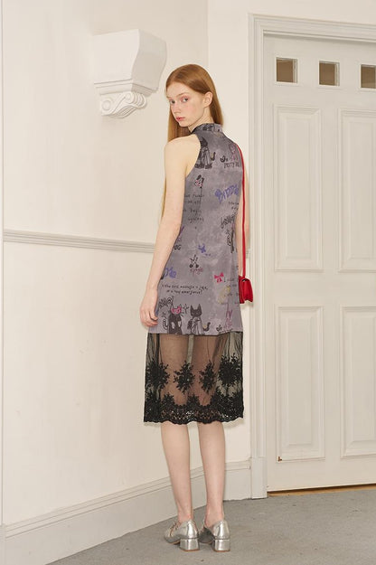 DIDDI MODA New Chinese Ink Doodle Lace Panel Qipao Dress
