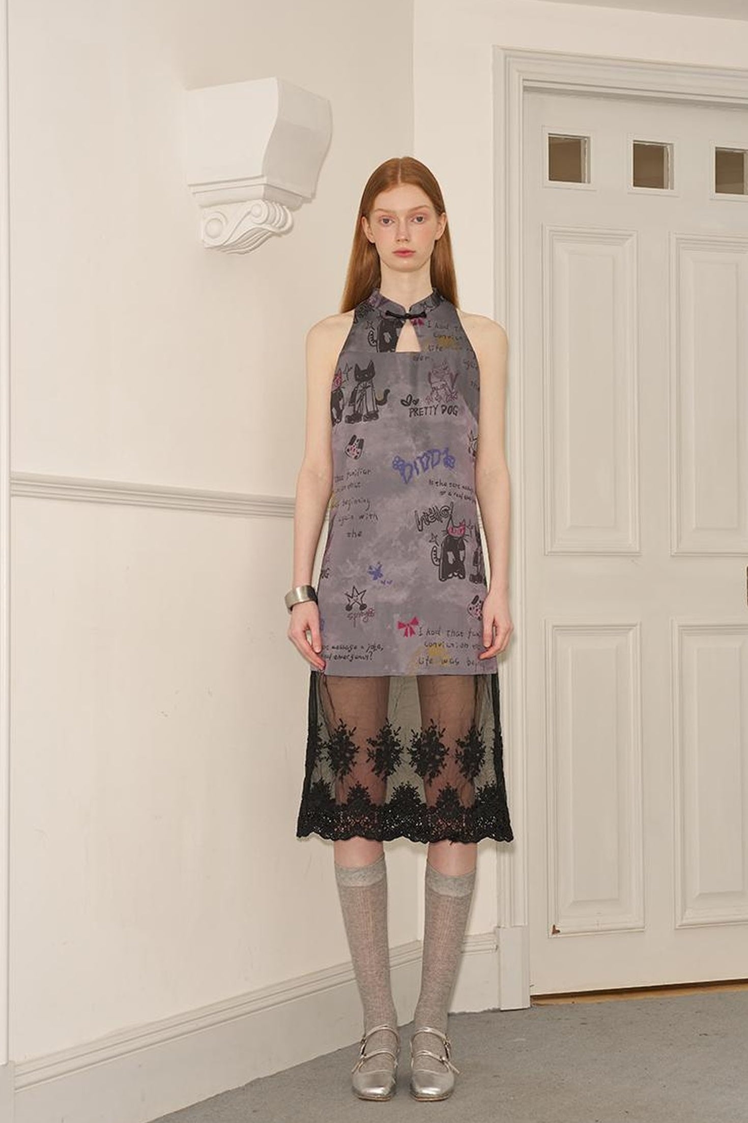 DIDDI MODA New Chinese Ink Doodle Lace Panel Qipao Dress