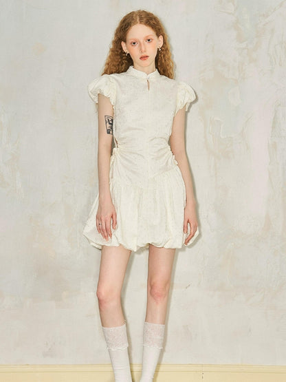 DIDDI MODA New Chinese Knot Bubble Sleeve Hollow Waist Ruffle Dress