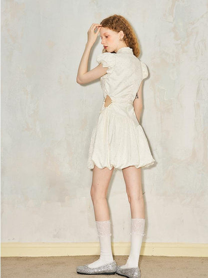 DIDDI MODA New Chinese Knot Bubble Sleeve Hollow Waist Ruffle Dress