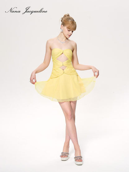 New Strapless Chiffon Dress with Rhinestone Hollow Short Dresses