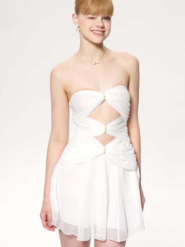 New Strapless Chiffon Dress with Rhinestone Hollow Short Dresses