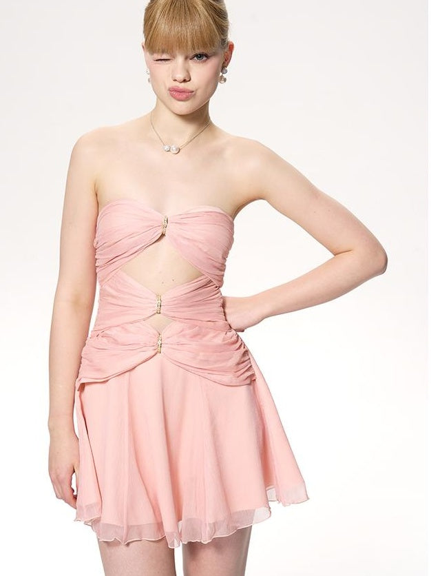 New Strapless Chiffon Dress with Rhinestone Hollow Short Dresses