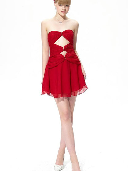 New Strapless Chiffon Dress with Rhinestone Hollow Short Dresses
